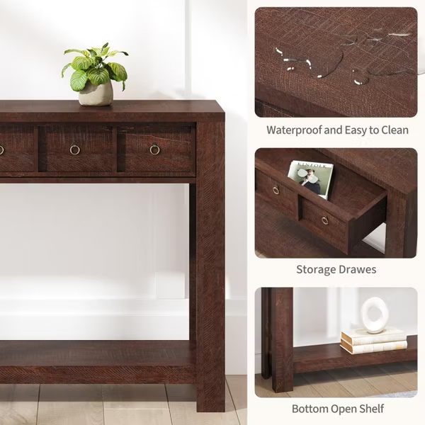 Garvee Farmhouse 59" Wooden Console Table with 2 Drawers and Thickened Legs, Brown