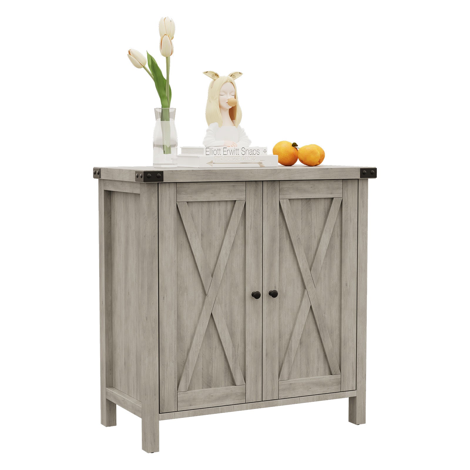 Garvee Farmhouse Buffet Cabinet with Doors and Shelves, MDF Wood, Adjustable Shelf, Metal Handles, for Living Room, Dining Room, Hallway, Grey