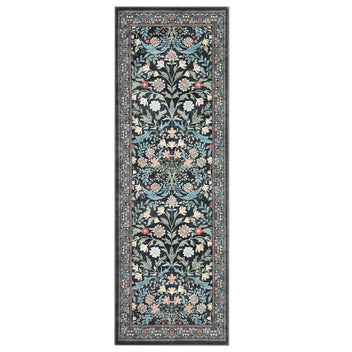 Garvee 2' x 6' Washable Floral Botanical Runner Rug, Non‑Slip Hallway Carpet, Soft Low‑Pile Vintage Style Floor Runner, Black