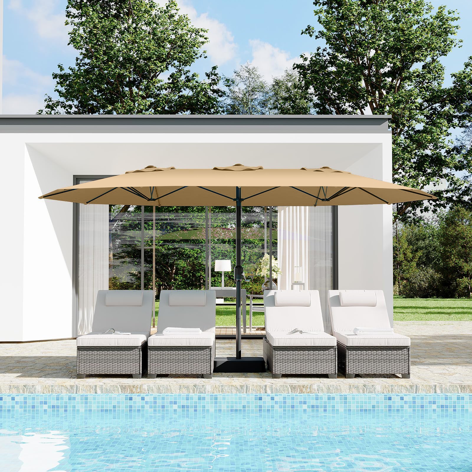 Garvee 15'×9' Double-Sided Patio Umbrella with Base, UPF50+ Rectangular Outdoor Market Umbrella with Crank Lift for Poolside, Deck & Backyard, Beige