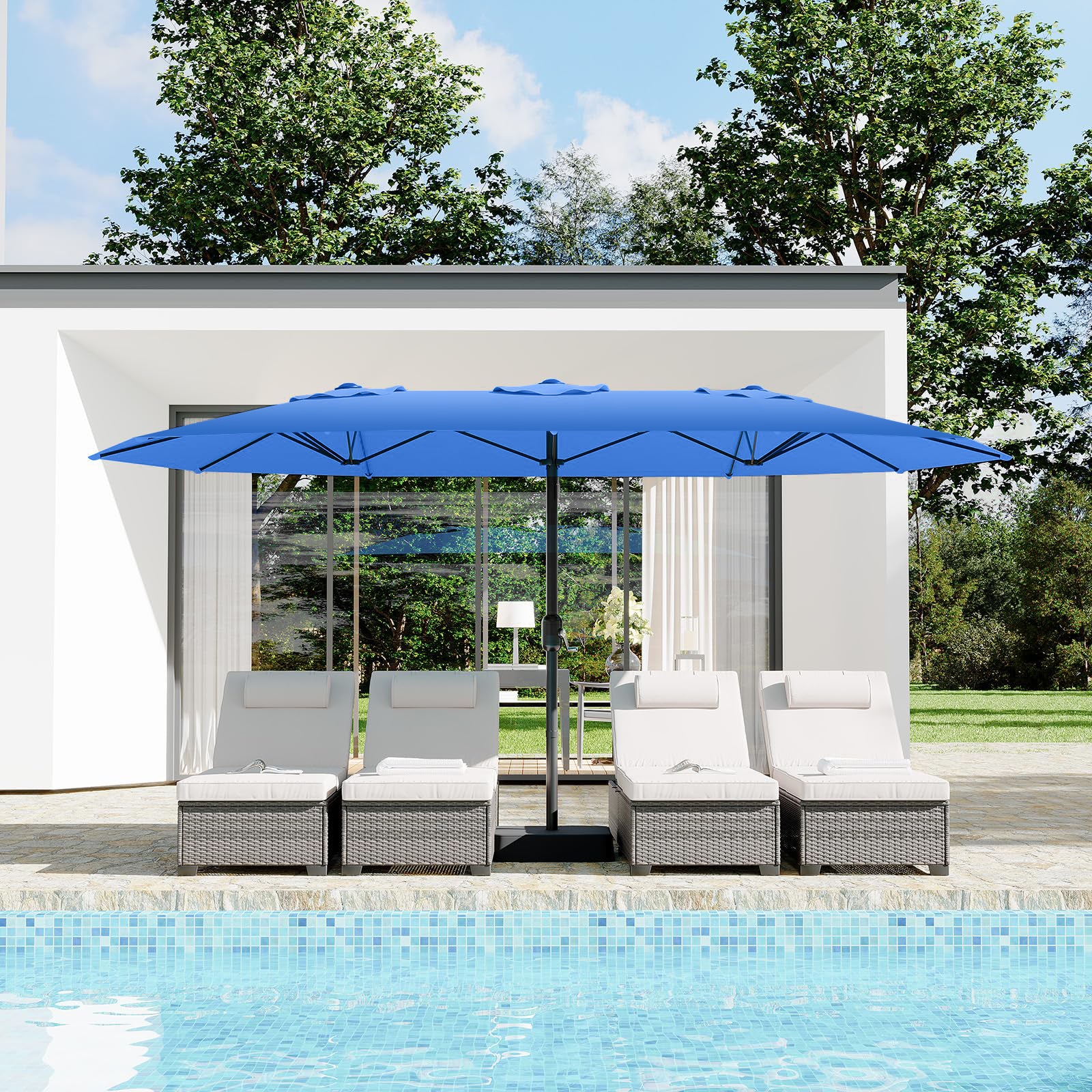 Garvee 15' Large Patio Umbrella with Base, Outdoor Double-Sided Rectangle Market Umbrella Outside Umbrellas for Poolside Lawn Backyard, Navy Blue