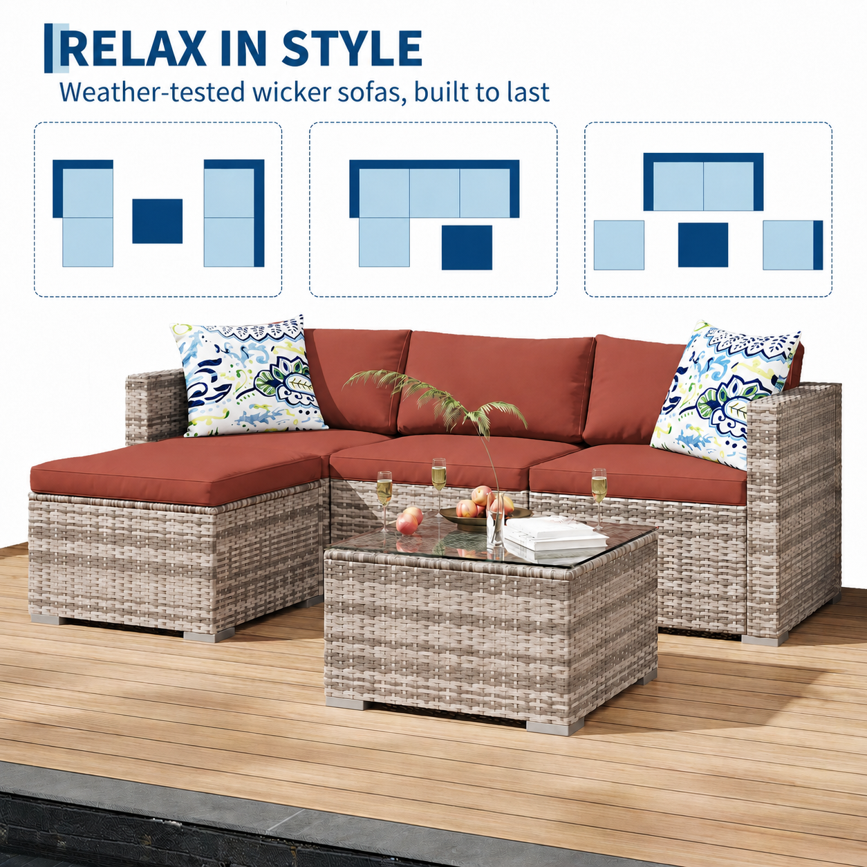 Garvee 5-Piece Compact Patio Sectional Sofa Set, Gray PE Wicker Outdoor Furniture with Rust Red Cushions, Ottoman and Glass Coffee Table