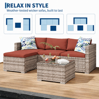 Garvee 5-Piece Compact Patio Sectional Sofa Set, Gray PE Wicker Outdoor Furniture with Rust Red Cushions, Ottoman and Glass Coffee Table