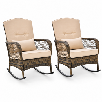 Garvee 2 Piece Patio Furniture Set, Outdoor Rocking Chairs Set of 2, All-Weather PE Wicker Porch Furniture with 4'' Cushions for Balcony, Deck, Backyard, Beige