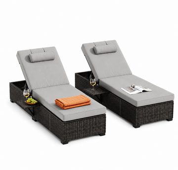 Garvee Set of 2 Outdoor Chaise Lounge Chairs with Side Table, PE Rattan Recliners with 6-Position Backrest & Blue Cushions for Poolside Patio