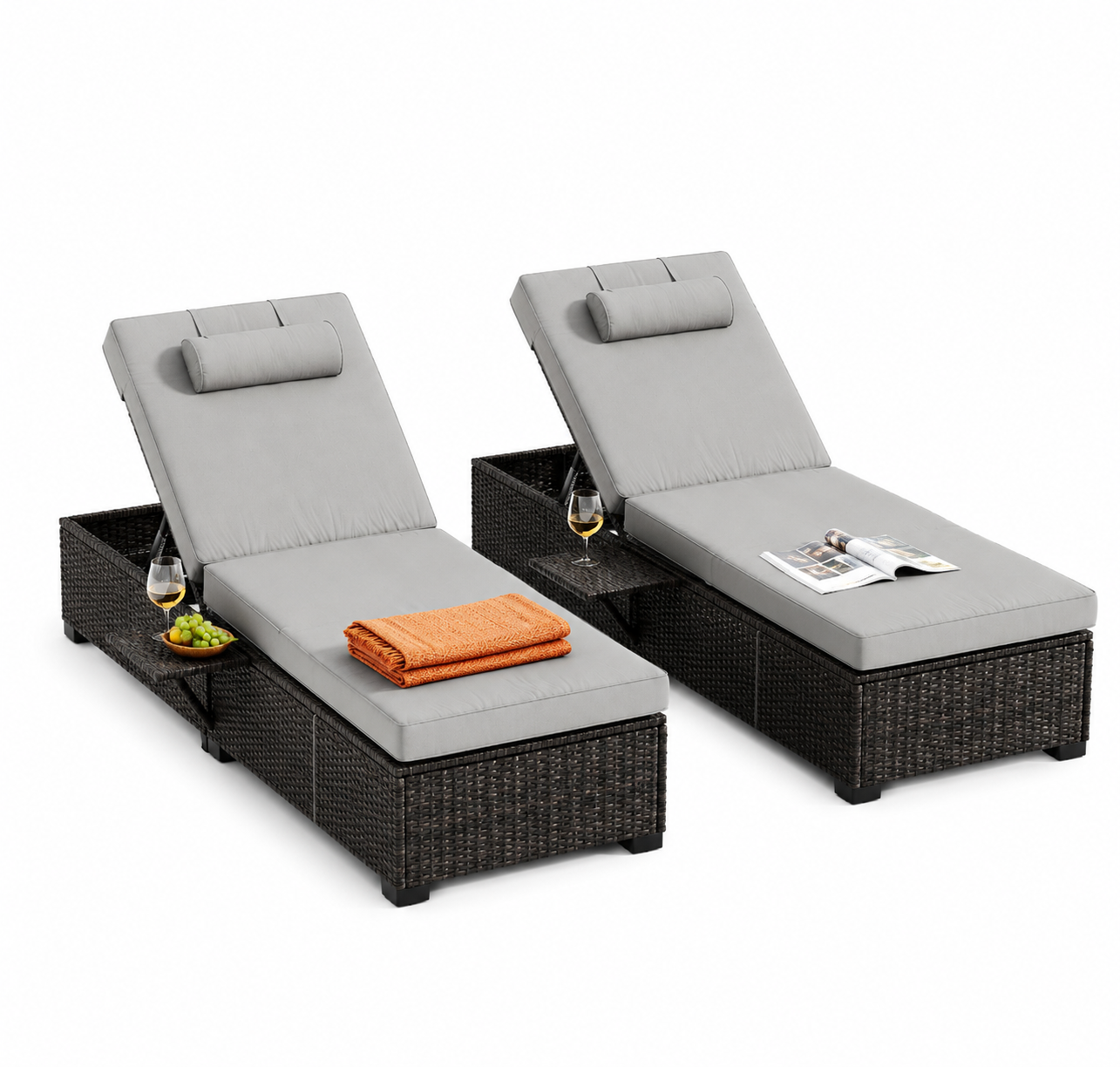 Garvee Set of 2 Outdoor Chaise Lounge Chairs with Side Table, PE Rattan Recliners with 6-Position Backrest & Blue Cushions for Poolside Patio