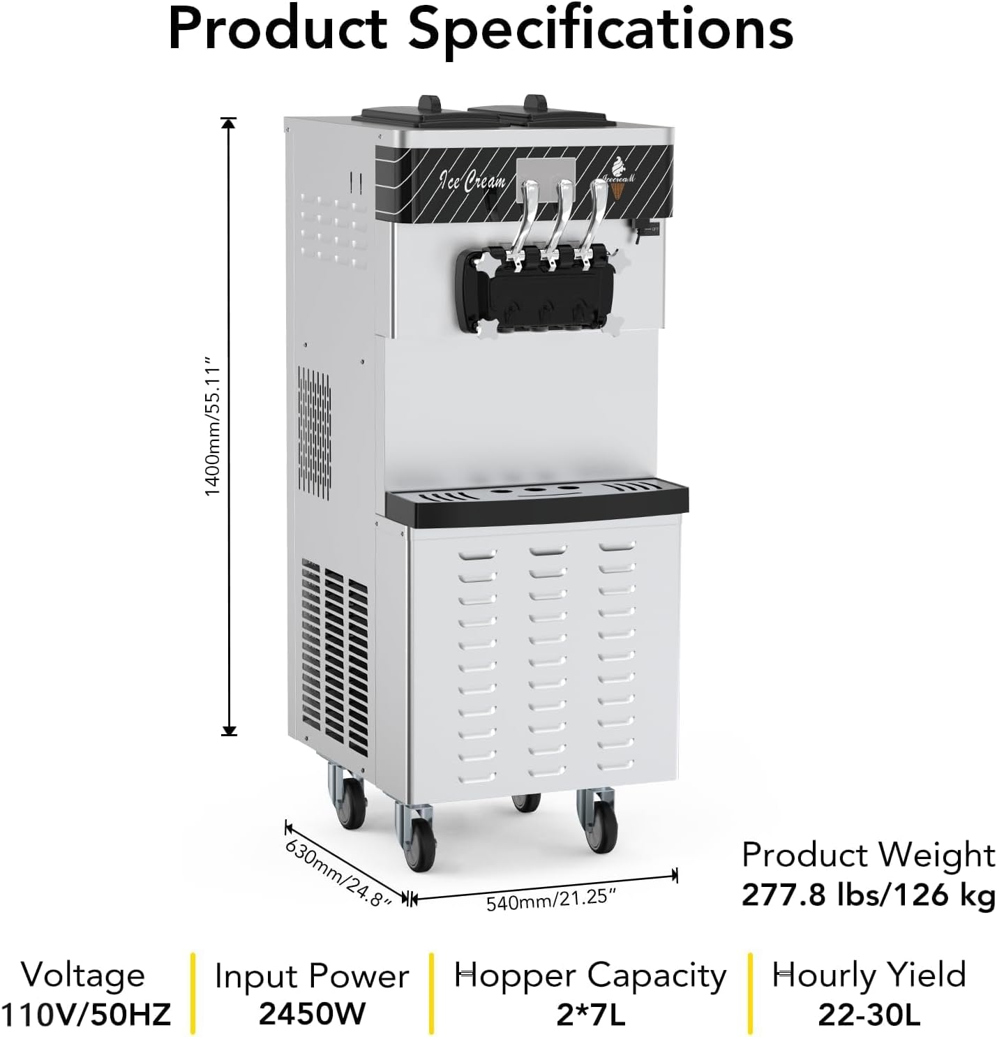 Garvee 3 Flavor Soft Serve Ice Cream Maker 2450W 20-30L/H Yield 14L Hopper Smart LED Controls Self-Clean Mobile for Snack Bars Supermarkets