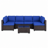 Garvee 7-Piece Outdoor Patio Sectional Sofa, All-Weather PE Wicker Conversation Set with Cushions & Glass Coffee Table for Patio, Porch, Garden, Poolside, Brown + Navy Blue - Brown+Navy Blue