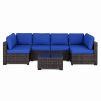 Garvee 7-Piece Outdoor Patio Sectional Sofa, All-Weather PE Wicker Conversation Set with Cushions & Glass Coffee Table for Patio, Porch, Garden, Poolside, Brown + Navy Blue