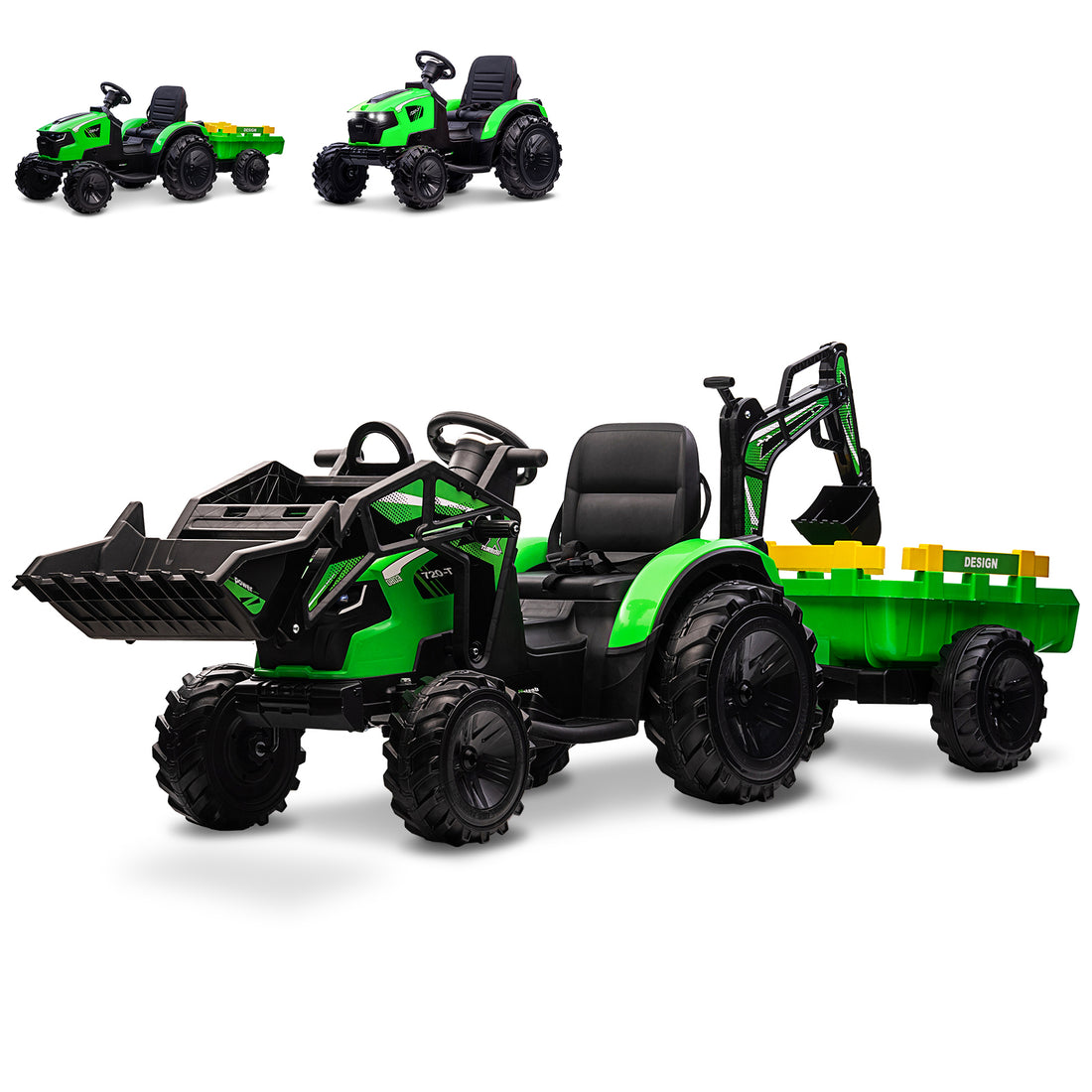 Garvee Ride P Series 3-in-1 Ride-On Tractor, 24V Electric, Excavator & Bulldozer, Remote Control, LED, Music, USB/Bluetooth max 66 lbs - Bright-green