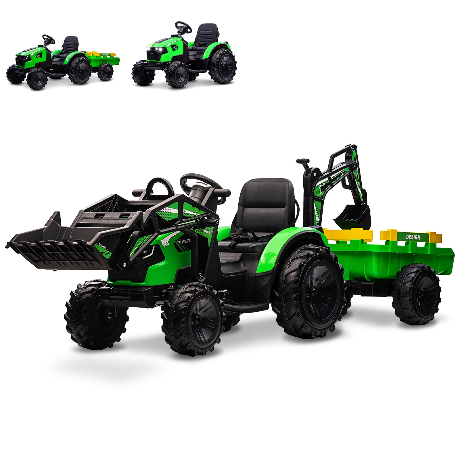 Garvee Ride P Series 3-in-1 Ride-On Tractor, 24V Electric, Excavator & Bulldozer, Remote Control, LED, Music, USB/Bluetooth max 66 lbs - Bright-green