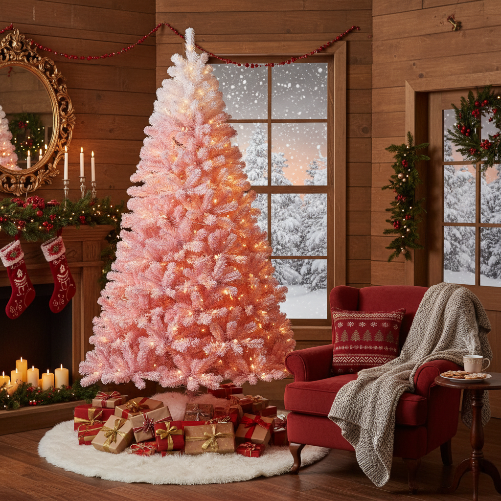 Garvee Pink Christmas Tree, 7.5ft Snow Flocked Artificial Christmas Tree with LED Warm White Lights & Foldable Metal Stand, Prelit Xmas Tree Holiday Decoration for Home, Office, Party