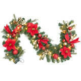 Garvee Christmas Garland 6ft Pre-Lit LED Lights Pinecones & Ornaments PVC Battery Operated Flexible for Mantle Fireplace Stairs - Red & Gold