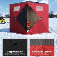 Garvee Insulated Pop-Up Ice Fishing Tent for 3-4 Persons - Portable Windproof Winter Shelter - Durable Ice Shanty, Carry Bag, Zippered Door, Anchors, Rope - Red & Black, 70.8×70.8×77.74 Inch | Winter fishing shelter