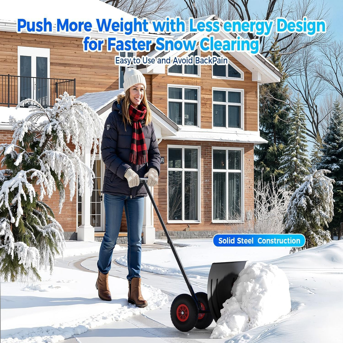 Garvee Snow Shovel with Wheels for Driveway, 20" Wide Adjustable Snow Pusher with 5-Position Angle & Height Handle, Ergonomic Back-Saving Snow Removal Tool for Sidewalks, Yards & Patios - Black