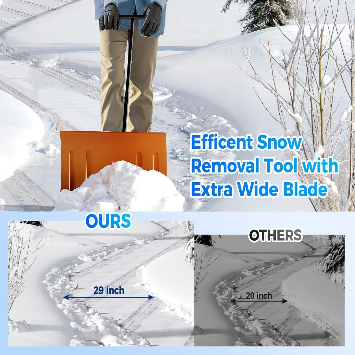 Garvee Snow Shovel with Wheels for Driveway, 20" Wide Adjustable Snow Pusher with 5-Position Angle & Height Handle, Ergonomic Back-Saving Snow Removal Tool for Sidewalks, Yards & Patios - Orange