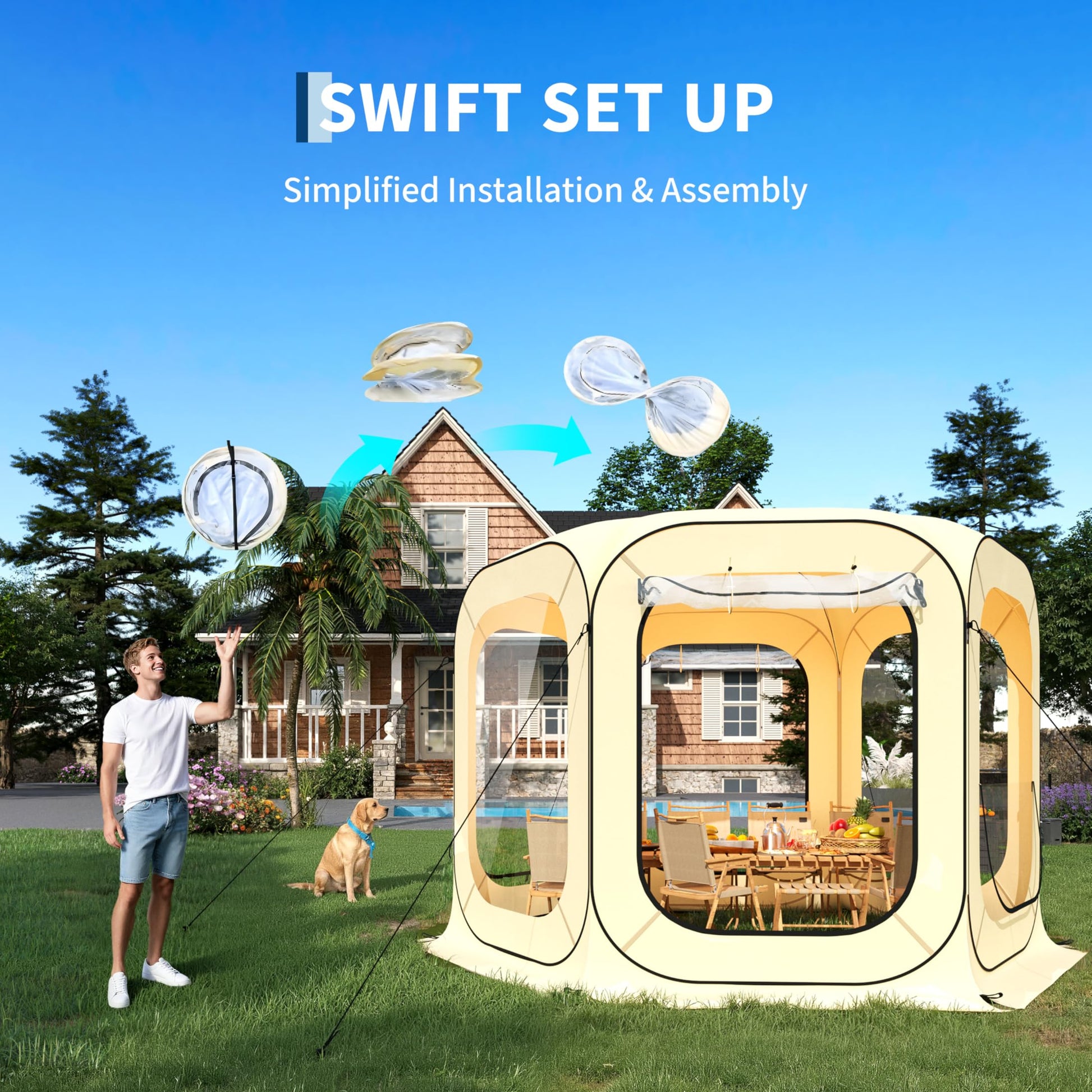 Garvee 12x12 FT All-Weather Clear Bubble Tent – Pop Up Transparent Outdoor Camping Shelter, Waterproof, Windproof & UV Protected Screen House for 8-10 People, Patio, Backyard & Events (Beige)