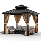 Garvee 10x10ft Hardtop Gazebo Outdoor Aluminum Frame Double Roof Waterproof Metal Roof Netting Curtains Backyard Patio Deck Poolside - Brown