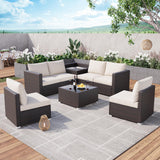 Garvee 8-Piece Outdoor Patio Furniture Set Modular PE Rattan Sectional Sofa with Tempered Glass Table Water-Resistant Olefin Cushions Beige Garden Backyard