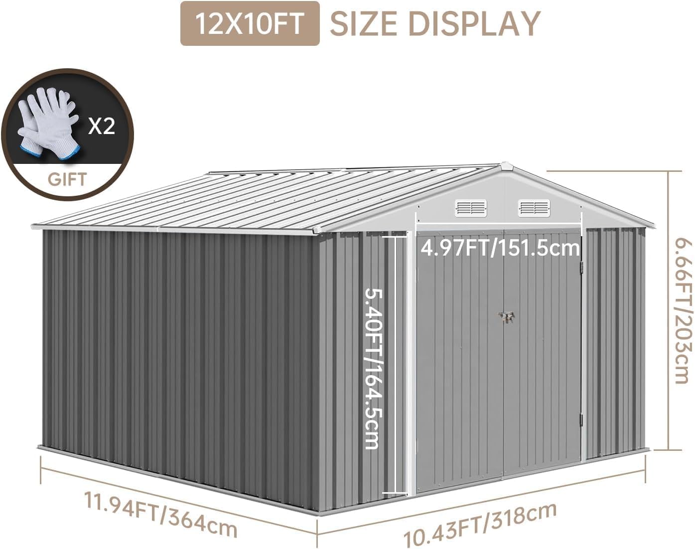 Garvee Large 12x10 FT Metal Outdoor Storage Shed Waterproof Steel