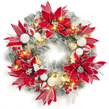 Garvee Pre-Lit Christmas Wreath for Front Door, 24 Inch Large Xmas Lighted Wreath Battery Operated with Flower, Ball Ornaments & 20 LED Lights for Fireplace Window Holiday Decor - Red & White
