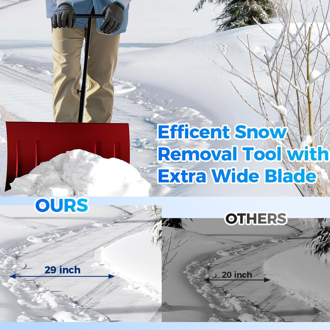 Garvee 29"W X 20"H Snow Shovel Heavy Duty Steel 5-Position Adjustable Handle 8" Anti-Skid Wheels Powder-Coated Rust-Resistant Driveway Snow Removal