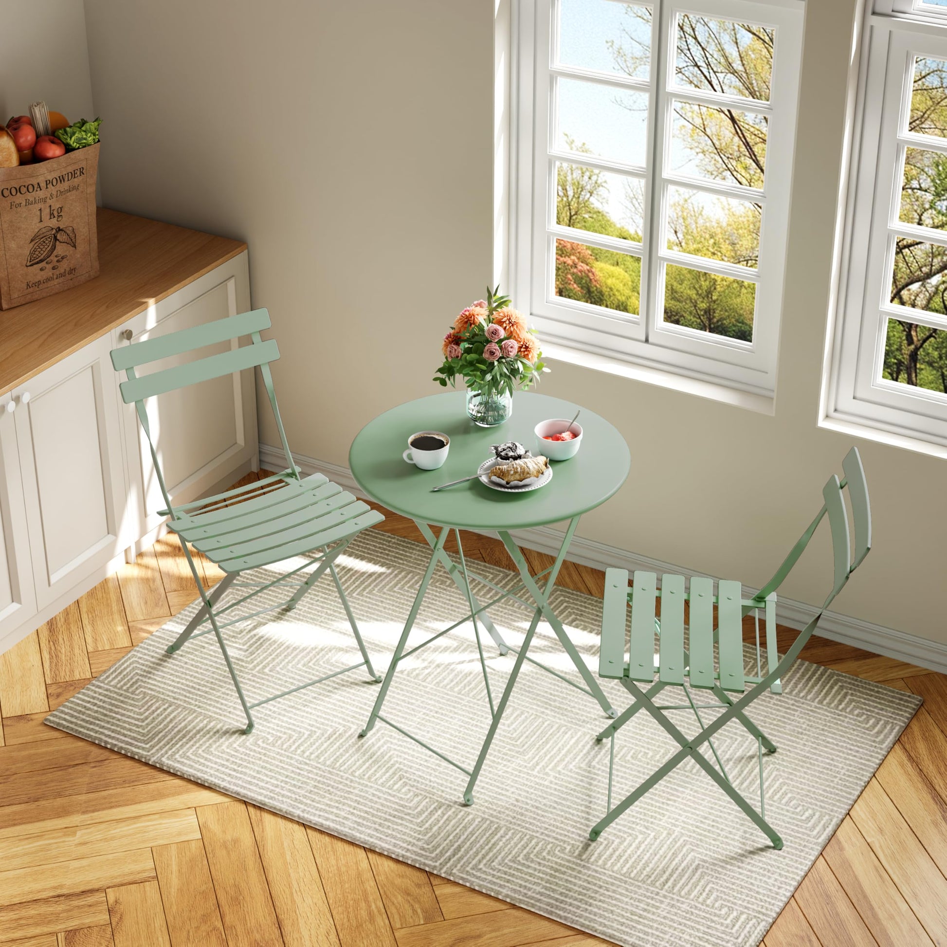 Garvee 3-Piece Folding Patio Bistro Set, Powder-Coated Metal Table and 2 Chairs for Balcony, Porch, Garden, Small Outdoor Spaces,Green