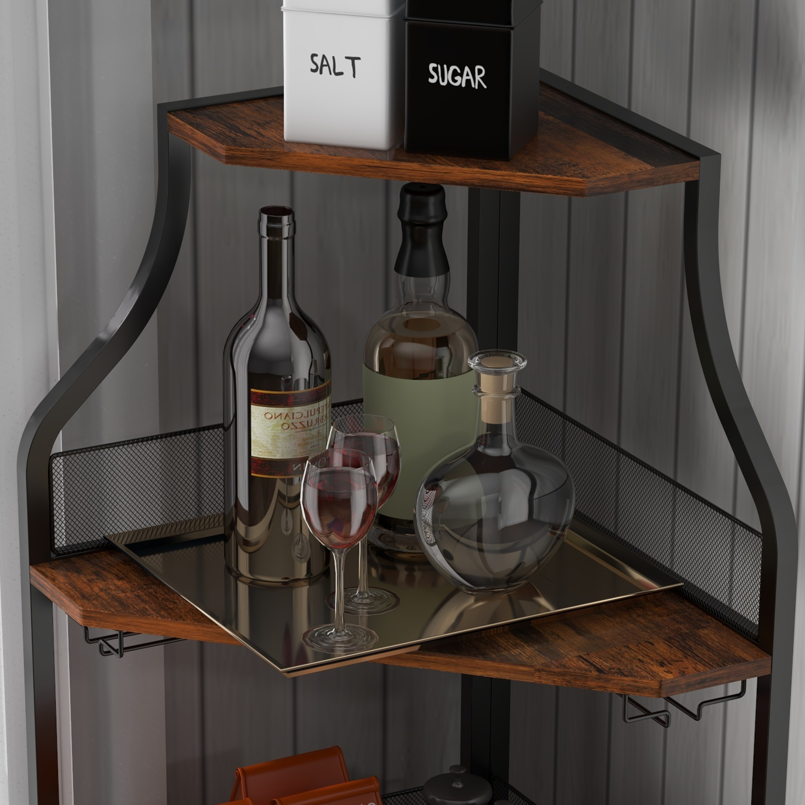 Garvee Corner Wine Bar Rack Cabinet with Detachable Wine Rack, Bar Cabinet with Glass Holder and Mesh Door, Liquor Coffe Bar Cabinet with Adjustable Shelves, Rustic Brown