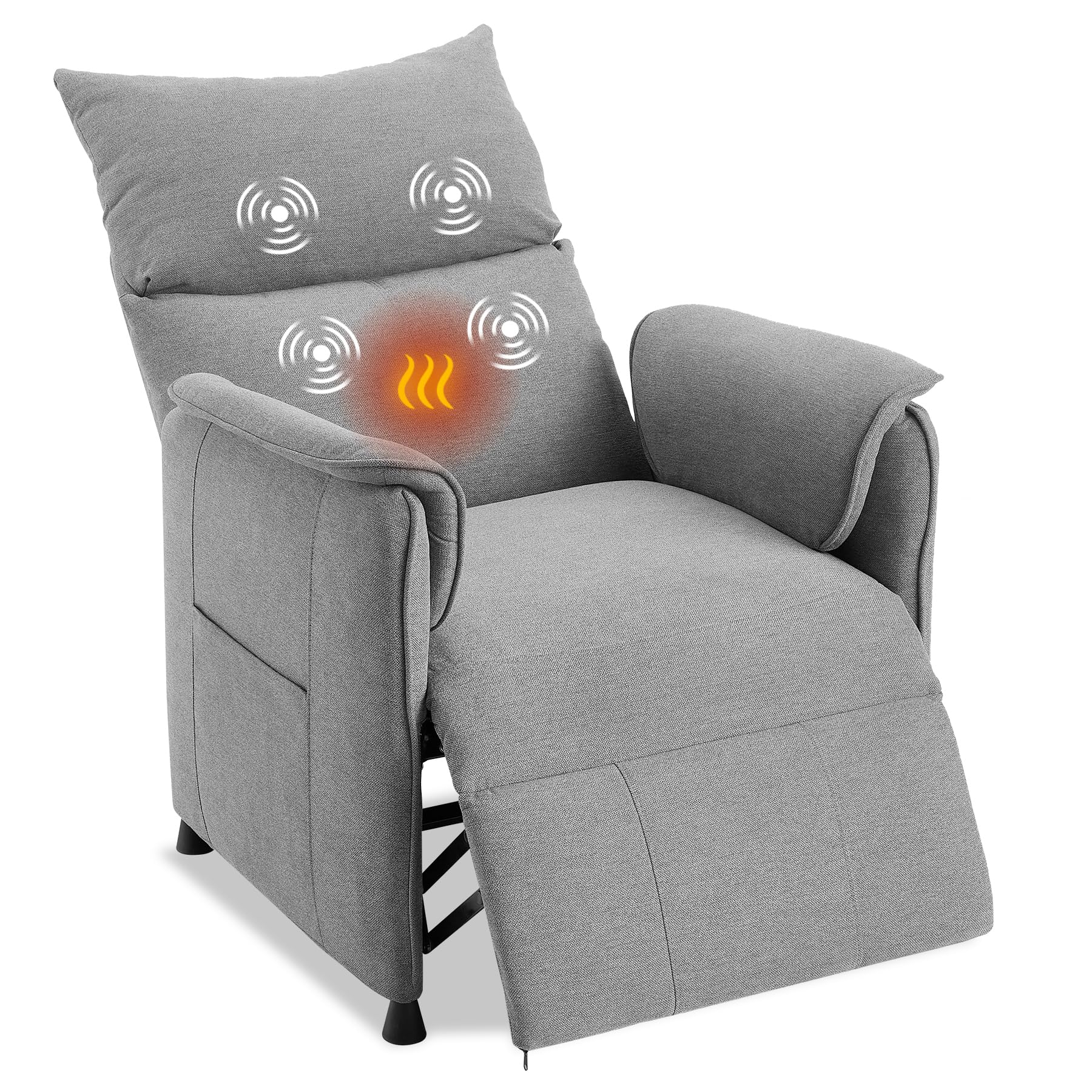 Close-up of the remote control for the massage recliner chair, showing buttons for up/down, mode selection, massage points, and power switch.