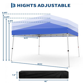 Garvee 10' × 10' Slant Leg Pop Up Canopy Tent, 8' × 8' Top, 210D Oxford UV & Water-Resistant Outdoor Gazebo with Carry Bag, Stakes, Ropes & Sandbags, Blue