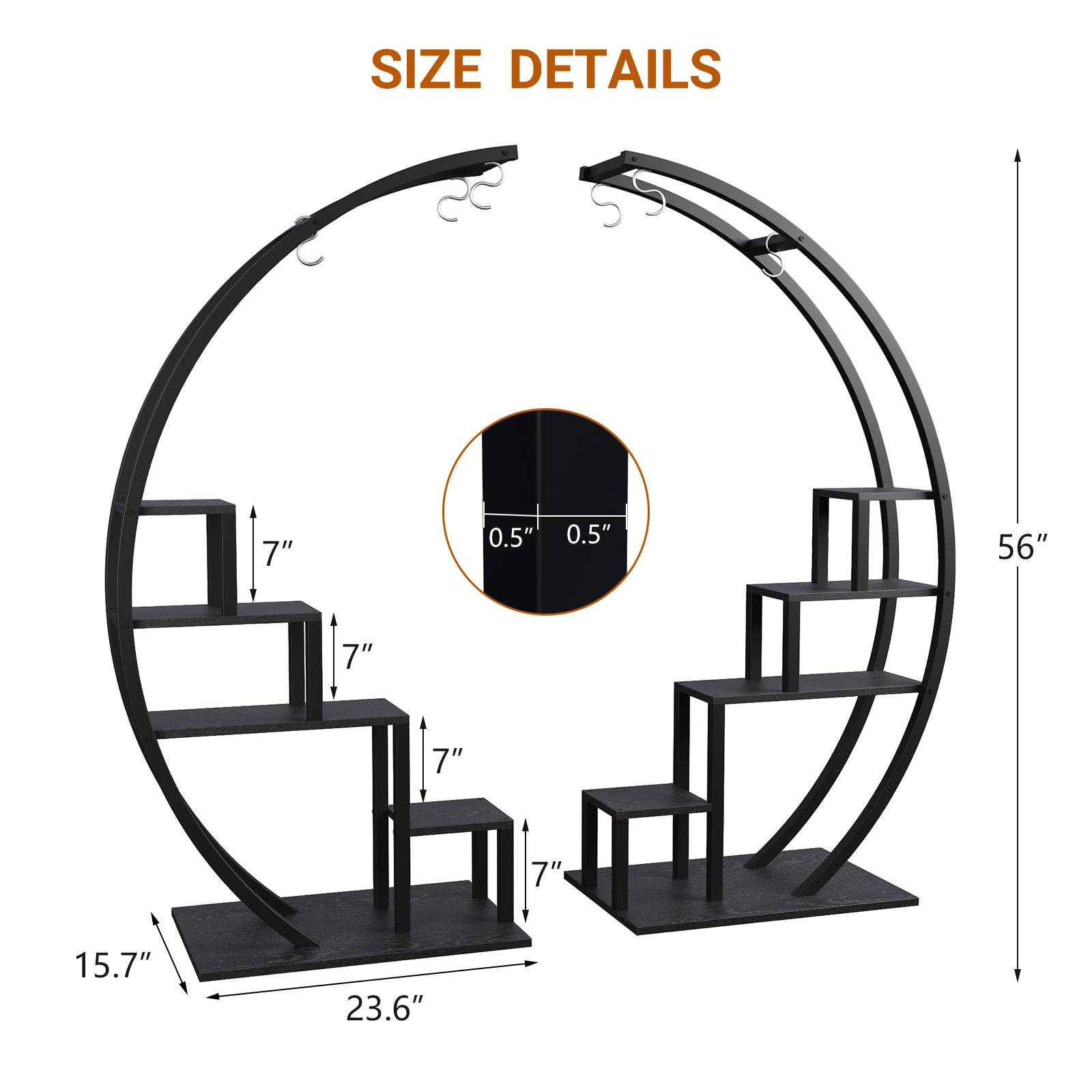 Garvee 5-Tier Curved Metal Plant Stand with 6 Hooks, Elegant Black Balcony & Indoor Flower Pot Display Rack for Plants & Garden Decor
