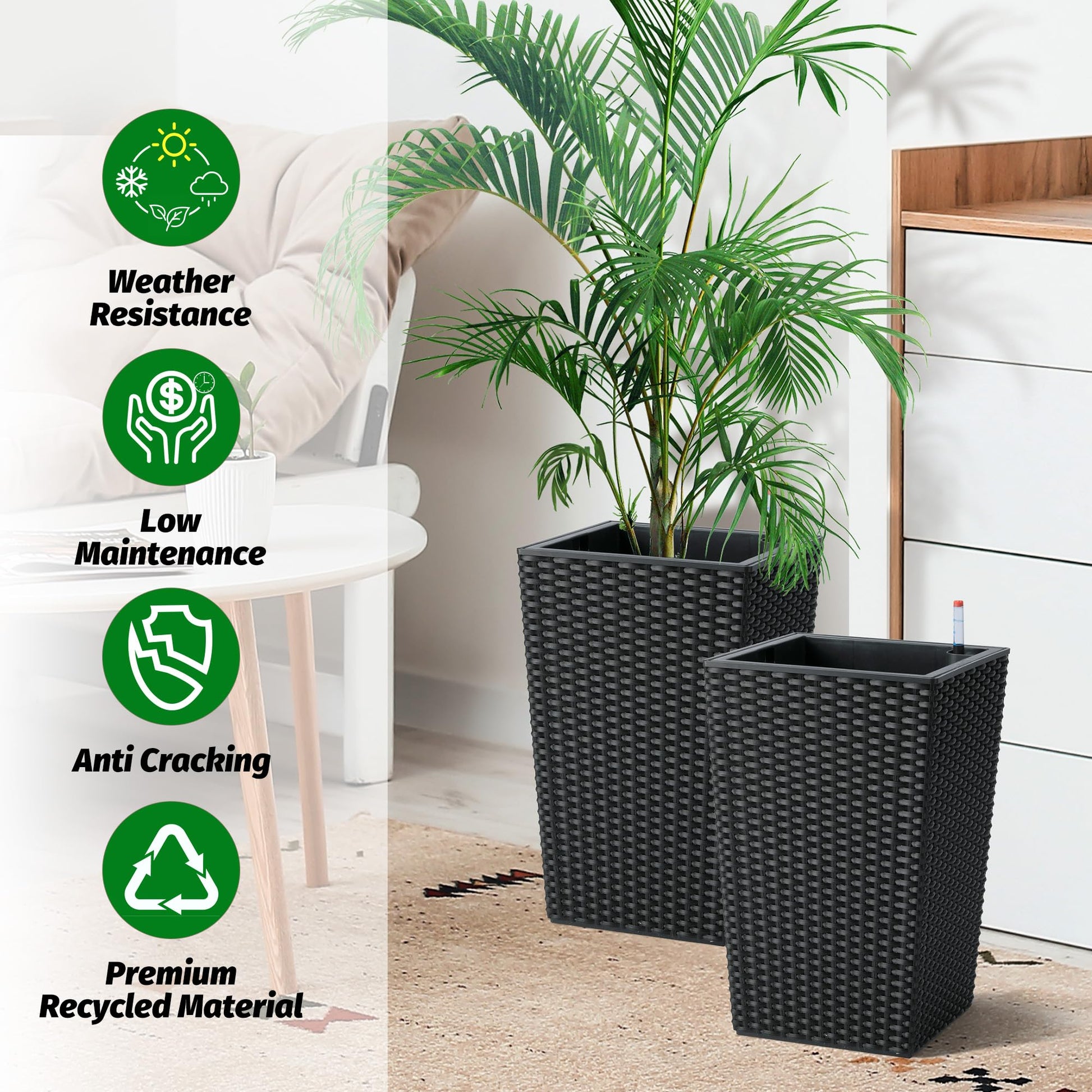 wicker planter indoor Garvee 16 Inch Tall Rattan Planter Set With Water Level Monitor & Wheels, Durable Plastic, Indoor & Outdoor Use, Matte White