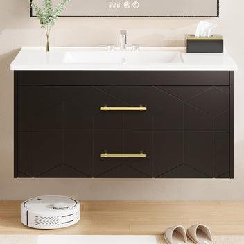 Garvee Modern 36" Floating Bathroom Vanity in Humidity-Resistant Design with Soft-Close Drawers and Gold Handles, Black