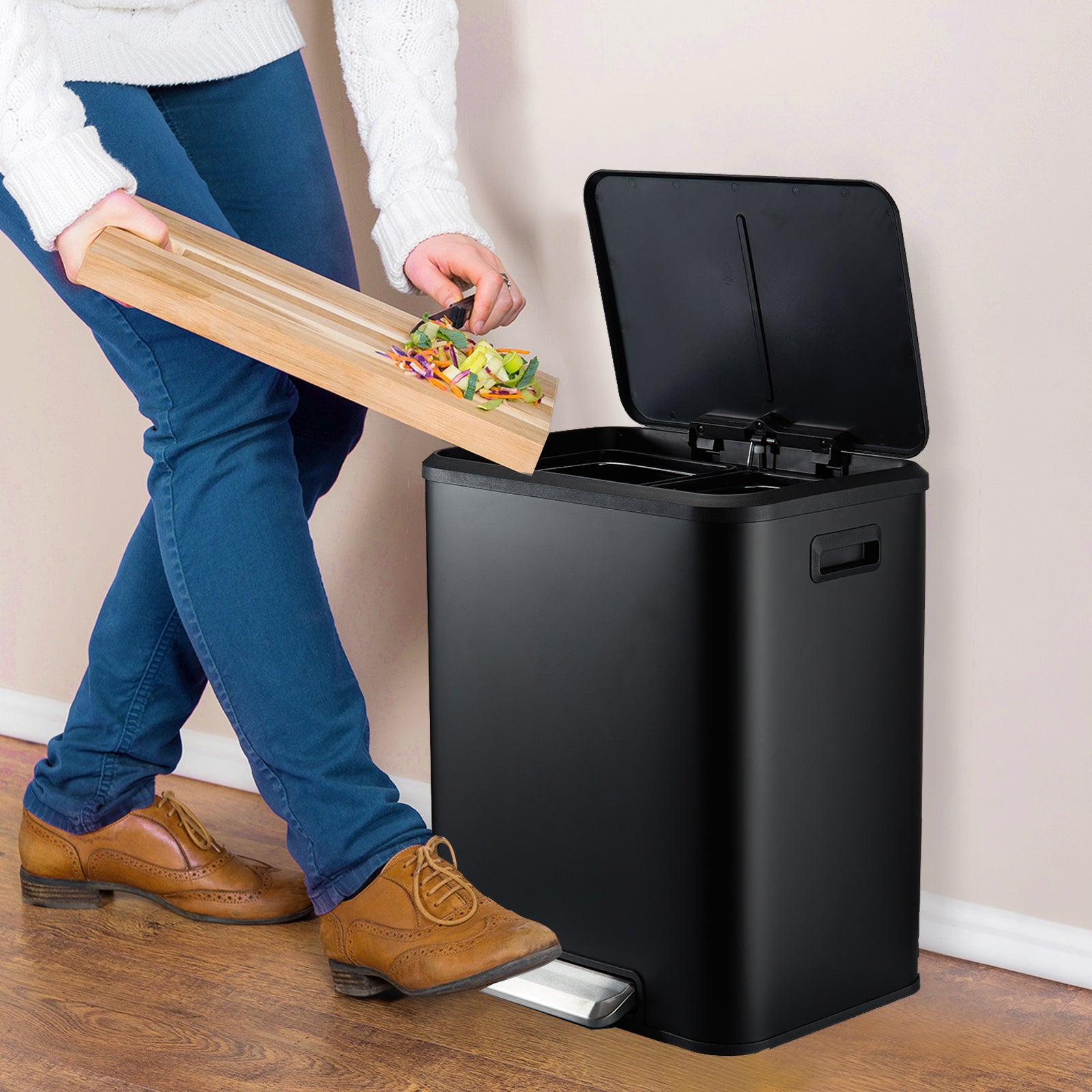 GARVEE 2x15L Dual Bin Trash Can Black - Perfect for Indoor and