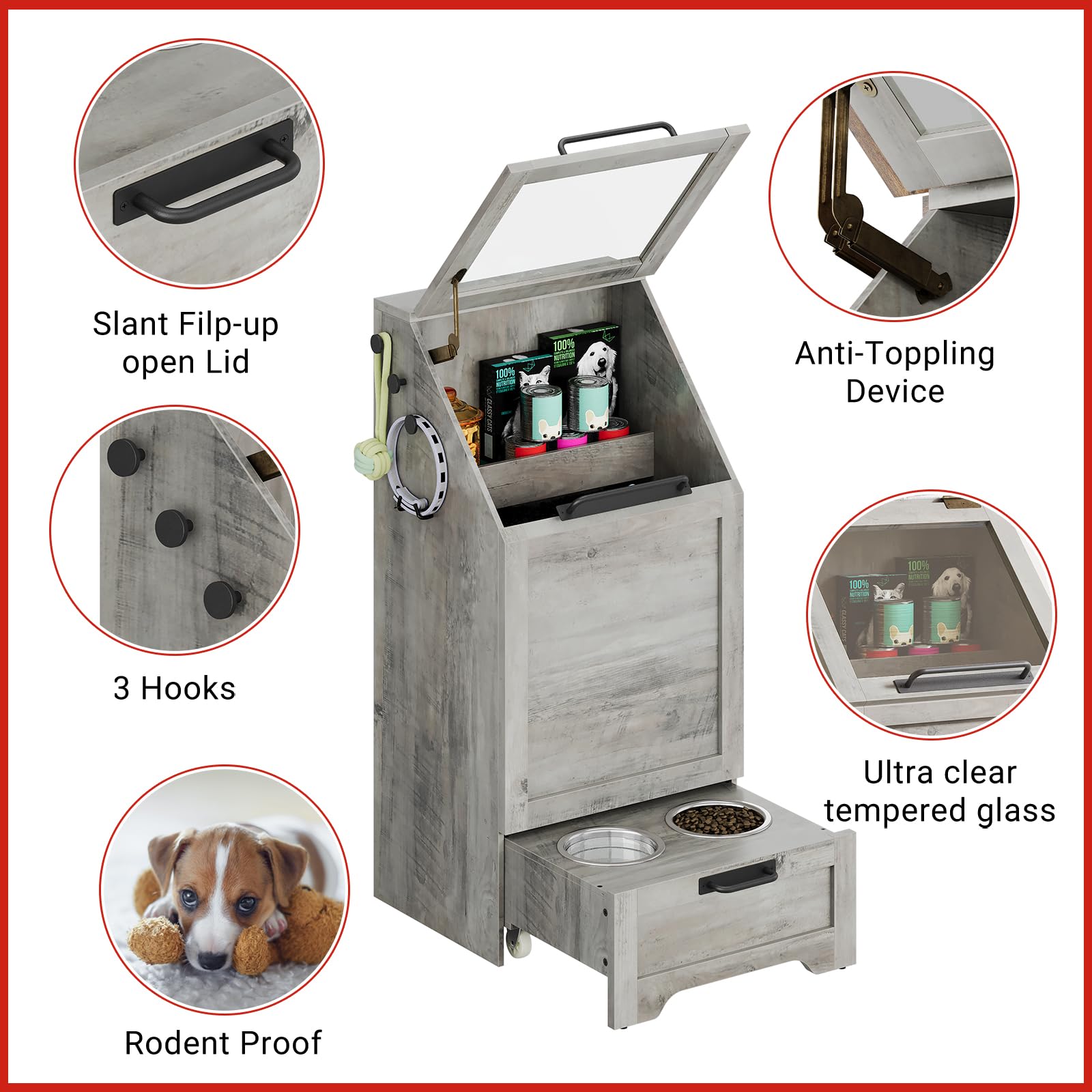 Garvee Pet Food Cabinet,Dog Feeding Station with 2 Elevated Dog Bowls, Dog Food Storage Cabinet,Dog Food Storage Container,Pet Toy Storage Organizer,Modern Dog Storage Cabinet,Grey