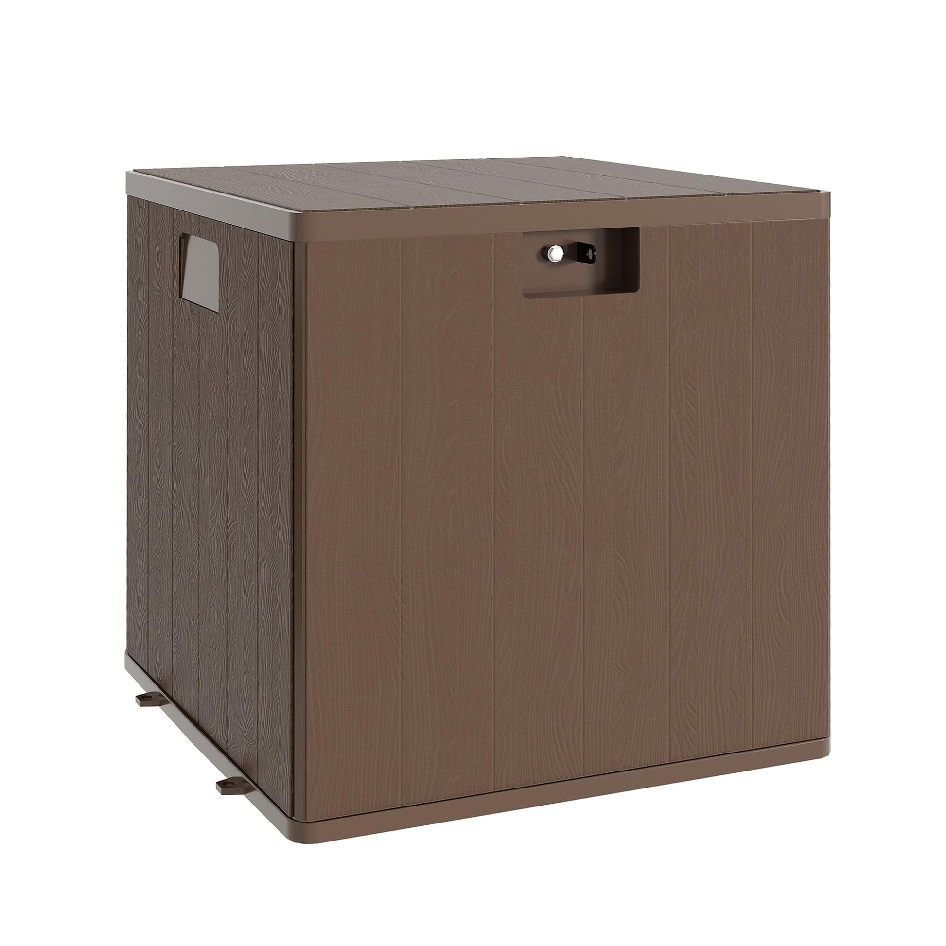 Brown storage ottoman with closed lid, on a white background