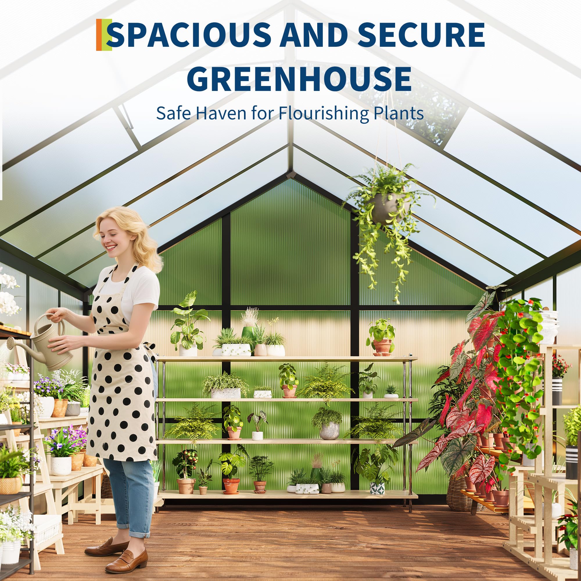 Garvee Greenhouse 6x8ft Polycarbonate Aluminum Frame Vent Lock