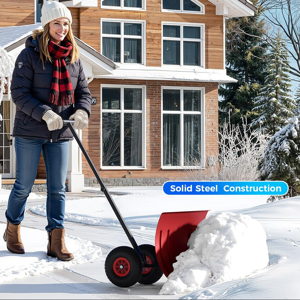 Garvee 29"W X 20"H Snow Shovel Heavy Duty Steel 5-Position Adjustable Handle 8" Anti-Skid Wheels Powder-Coated Rust-Resistant Driveway Snow Removal