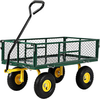 Garvee 900 lbs Heavy Duty Steel Garden Wagon Cart – 2-in-1 Utility Yard Cart, Removable Mesh Sides, 10" All-Terrain Tires, 180° Rotating Handle – Perfect for Lawn and Outdoor Gardening – Yellow Hub, Dark Green Frame, Black Handle
