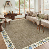 Garvee Bordered Taupe 8x10 Washable Floral Area Rug Non-Slip Stain Resistant Polyester Low Pile Lightweight Foldable for Living Room Bedroom Nursery - Taupe|Flax Bordered