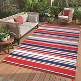 Garvee Outdoor Multicolor 8x10 Waterproof Rug Polypropylene UV-Resistant Reversible Striped Design Lightweight Foldable with Stakes for Patio Deck Camping - Red Navy White