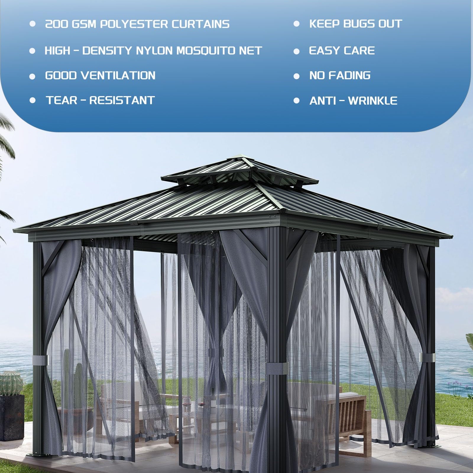 Garvee All-Weather Hardtop Gazebo with Double Metal Roof & Aluminum Frame, Mosquito Netting, Privacy Curtains, Outdoor Pavilion for Patio, Garden, Deck, Lawn, Backyard, Gray Mesh Black Yarn, 8x8FT