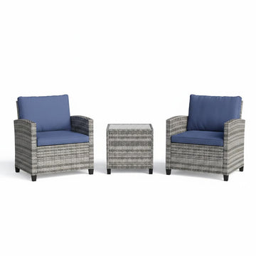 Garvee 3-Piece PE Rattan Patio Conversation Set, Outdoor Wicker Chairs with Cushions & Tempered Glass Table, Gray & Blue