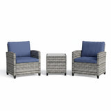 Garvee 3-Piece Patio Furniture Set with PE Rattan Chairs & Tempered Glass Table, Gray Gradient Wicker Outdoor Bistro Conversation Set with Washable Blue Cushions for Porch, Garden, Balcony & Deck - Gray & Blue