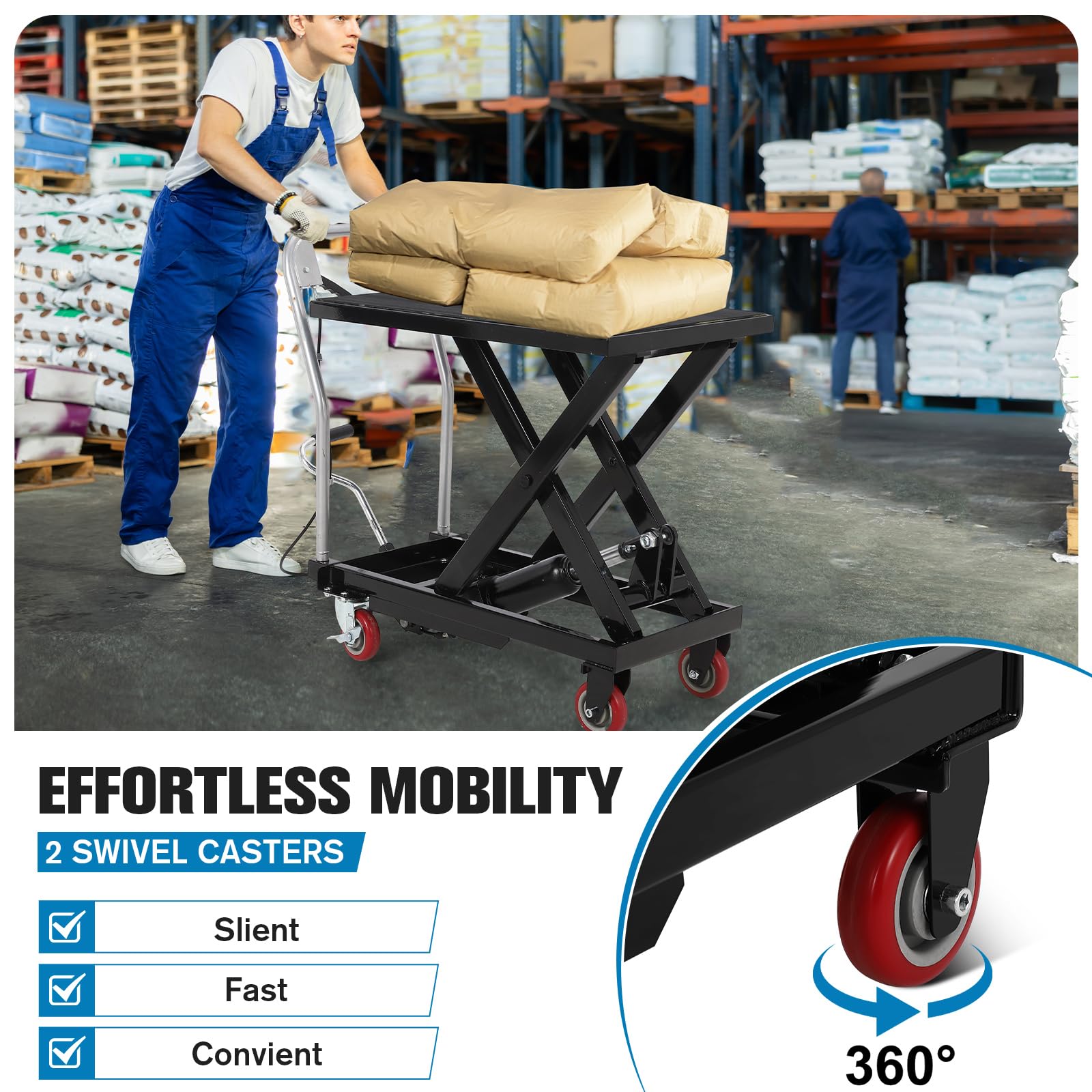 GARVEE hydraulic lift table cart with 360 degree swivel caster design for easier mobility