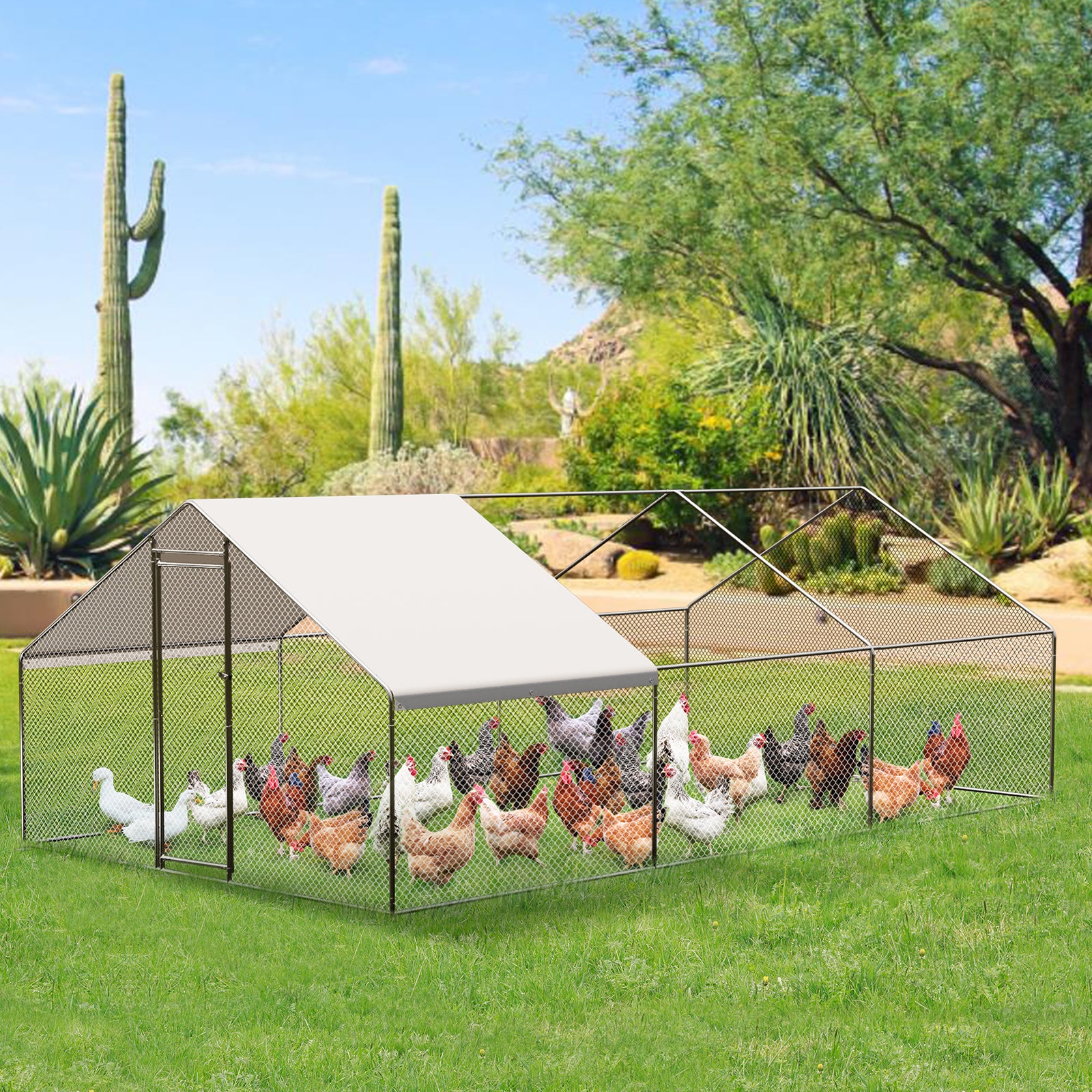 Garvee Large Metal Chicken Coop, Walk-in Poultry Cage, Chicken House with Waterproof and Anti-Ultraviolet Cover for Outdoor Yard Farm Silver - 9.8*19.7*6.6FT