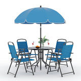 Garvee 6-Piece Outdoor Dining Set with Umbrella, Tempered Glass Table, Folding Chairs, Breathable Fabric, Steel Frame, Patio Garden - Blue
