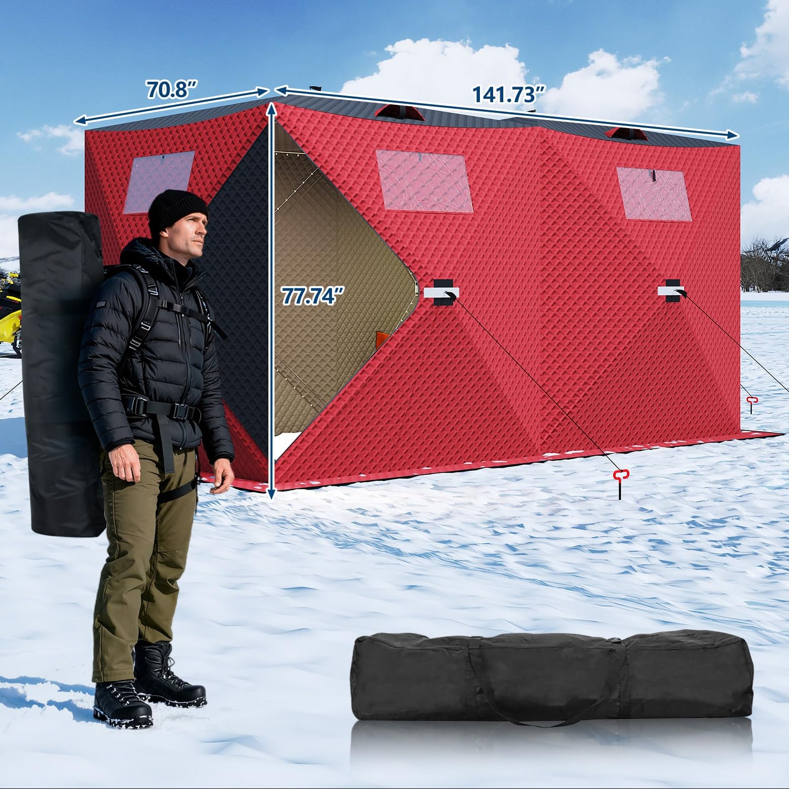 Garvee Insulated Pop-Up Ice Fishing Tent for 5-7 Persons - Portable Spacious Windproof Winter Shelter - Durable 3-Layer, Carry Bag, Zippered Door, Anchors - Red & Black, 141.73×70.8×77.74 Inch | Winter fishing shelter