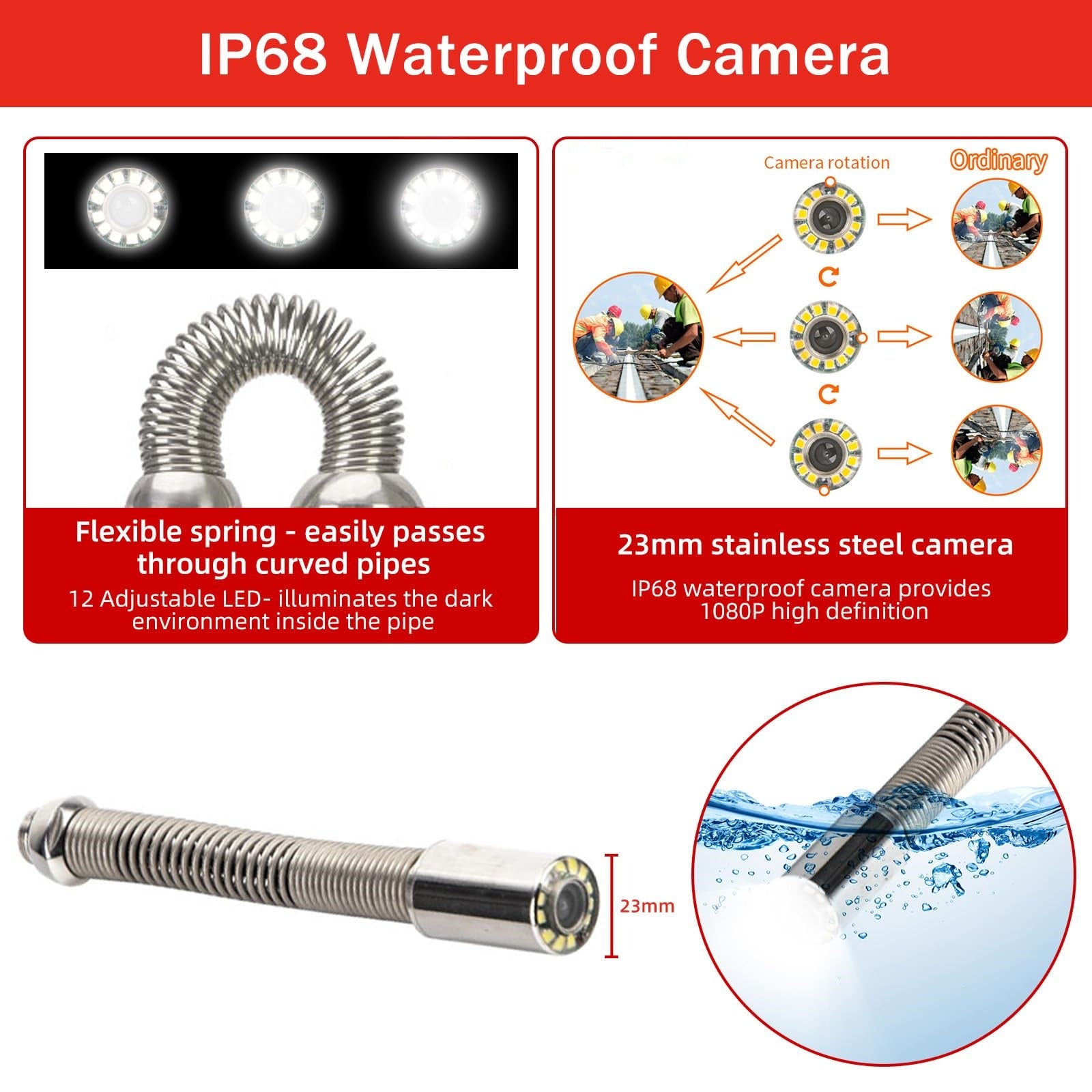 Garvee Sewer Camera 100ft Pipeline Inspection with DVR, Self-Leveling, IP68 Waterproof Aluminum, 12 LED Lights, 10.1" HD Display for Drains & Sewers