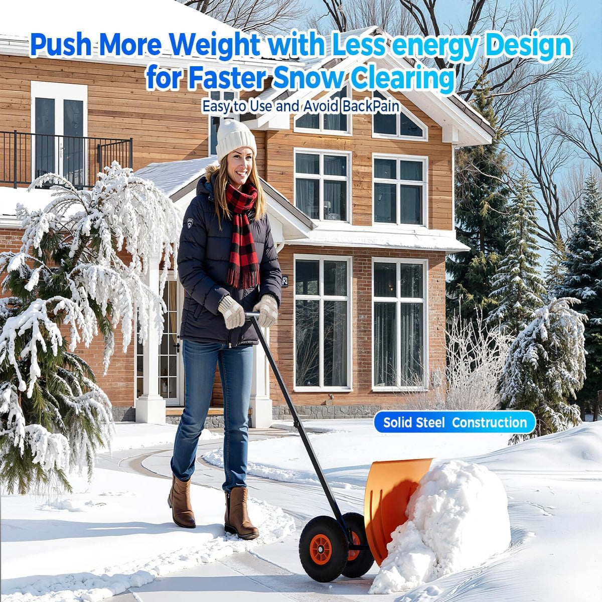 Garvee Snow Shovel with Wheels for Driveway, 20" Wide Adjustable Snow Pusher with 5-Position Angle & Height Handle, Ergonomic Back-Saving Snow Removal Tool for Sidewalks, Yards & Patios - Orange